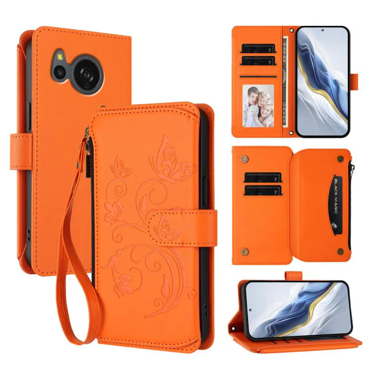 For Sharp Aquos Sense8 Butterfly Love Flower Multi-card Zipper Wallet Leather Phone Case(Orange)