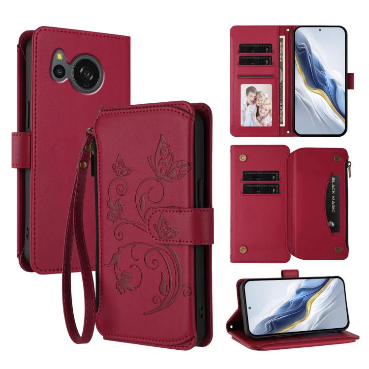 For Sharp Aquos Sense8 Butterfly Love Flower Multi-card Zipper Wallet Leather Phone Case(Wine Red)