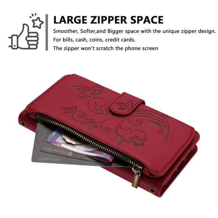 For Sharp Aquos Sense8 Butterfly Love Flower Multi-card Zipper Wallet Leather Phone Case(Wine Red) - Image 4