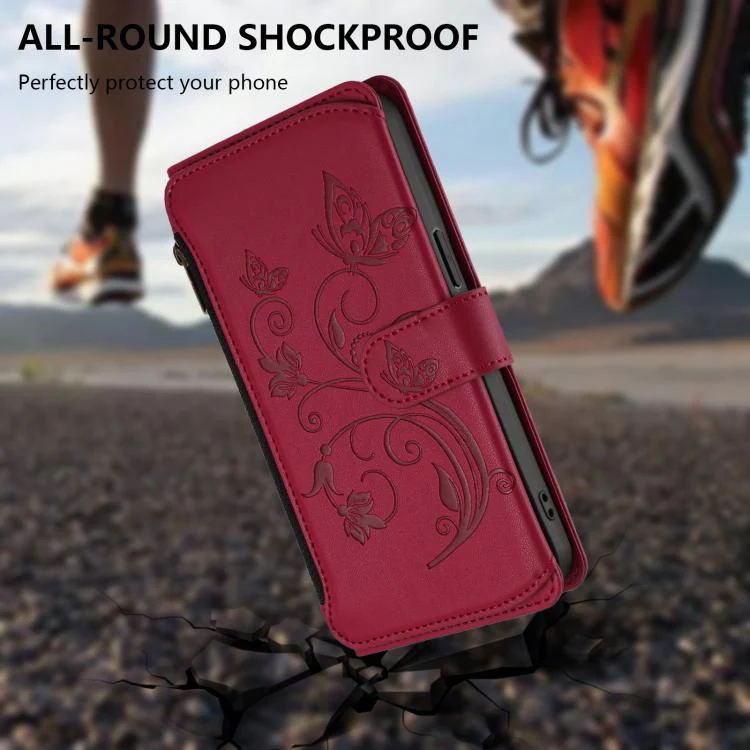 For Sharp Aquos Sense8 Butterfly Love Flower Multi-card Zipper Wallet Leather Phone Case(Wine Red) - Image 5