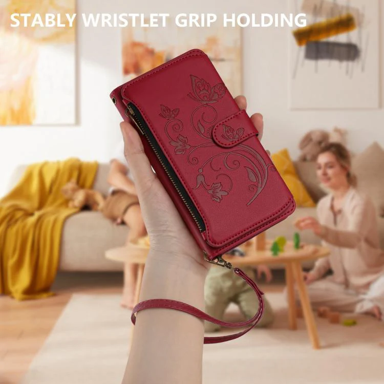 For Sharp Aquos Sense8 Butterfly Love Flower Multi-card Zipper Wallet Leather Phone Case(Wine Red) - Image 6