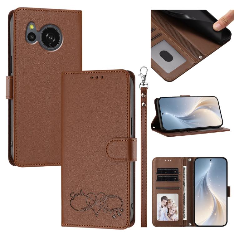 For Sharp Aquos Sense8 SHG11 / SH-54D Happy Heart Pattern Magnetic Closure Vegan Leather Phone Case with Wrist Strap(Brown)