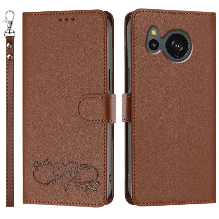 For Sharp Aquos Sense8 SHG11 / SH-54D Happy Heart Pattern Magnetic Closure Vegan Leather Phone Case with Wrist Strap(Brown) - Image 2