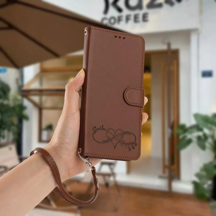 For Sharp Aquos Sense8 SHG11 / SH-54D Happy Heart Pattern Magnetic Closure Vegan Leather Phone Case with Wrist Strap(Brown) - Image 9