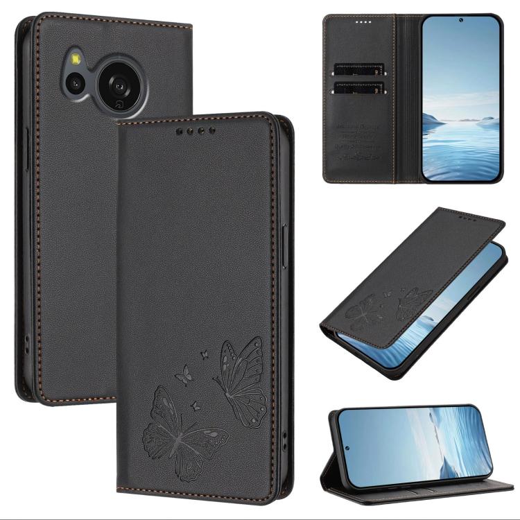 For Sharp Aquos sense8 SHG11 / SH-54D Strong Magnetic Dual Butterfly RFID Vegan Leather Phone Case(Black)