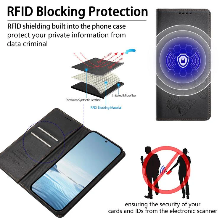 For Sharp Aquos sense8 SHG11 / SH-54D Strong Magnetic Dual Butterfly RFID Vegan Leather Phone Case(Black) - Image 4