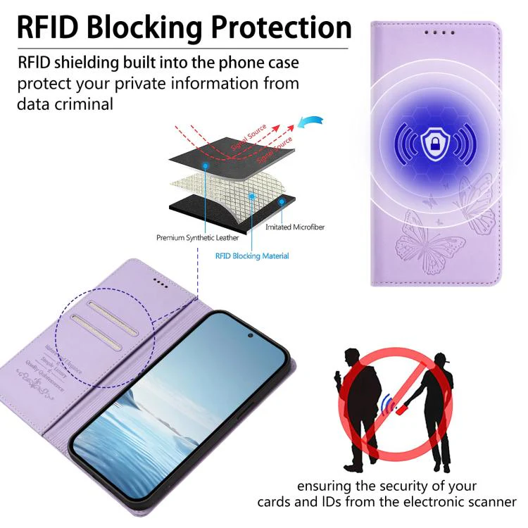 For Sharp Aquos sense8 SHG11 / SH-54D Strong Magnetic Dual Butterfly RFID Vegan Leather Phone Case(Light Purple) - Image 4
