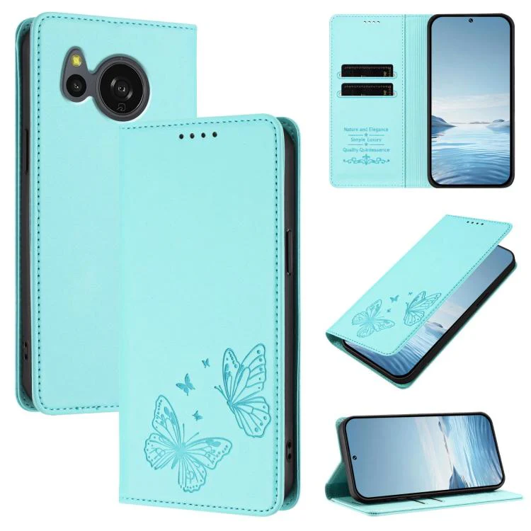 For Sharp Aquos sense8 SHG11 / SH-54D Strong Magnetic Dual Butterfly RFID Vegan Leather Phone Case(Mint Green)