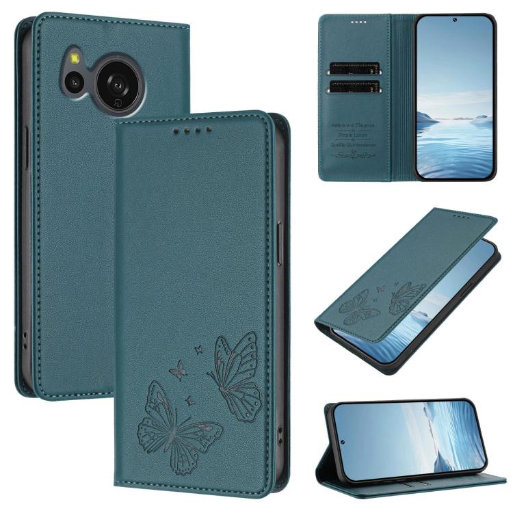 For Sharp Aquos sense8 SHG11 / SH-54D Strong Magnetic Dual Butterfly RFID Vegan Leather Phone Case(Peacock Green)