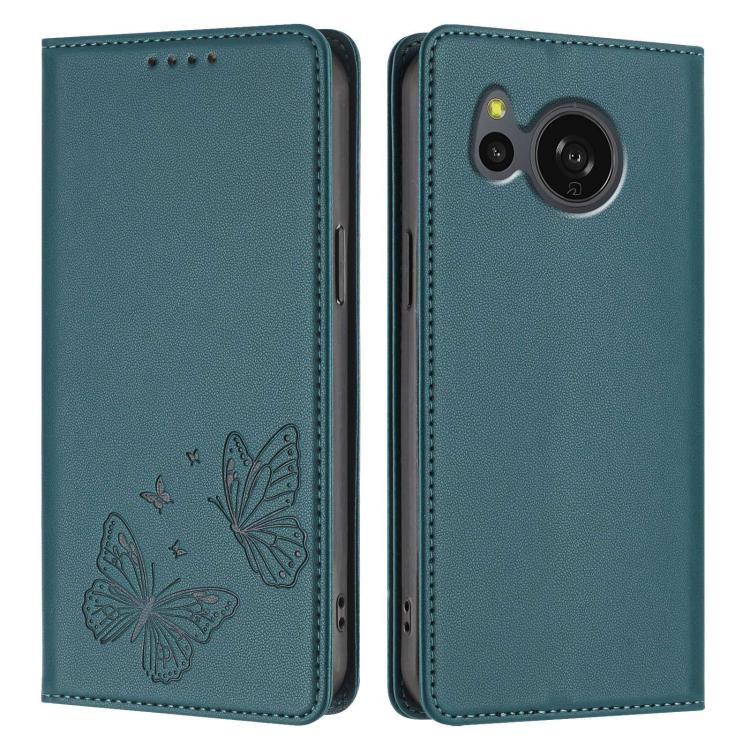 For Sharp Aquos sense8 SHG11 / SH-54D Strong Magnetic Dual Butterfly RFID Vegan Leather Phone Case(Peacock Green) - Image 2