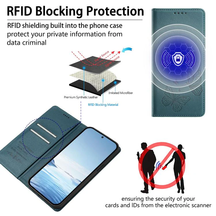 For Sharp Aquos sense8 SHG11 / SH-54D Strong Magnetic Dual Butterfly RFID Vegan Leather Phone Case(Peacock Green) - Image 4