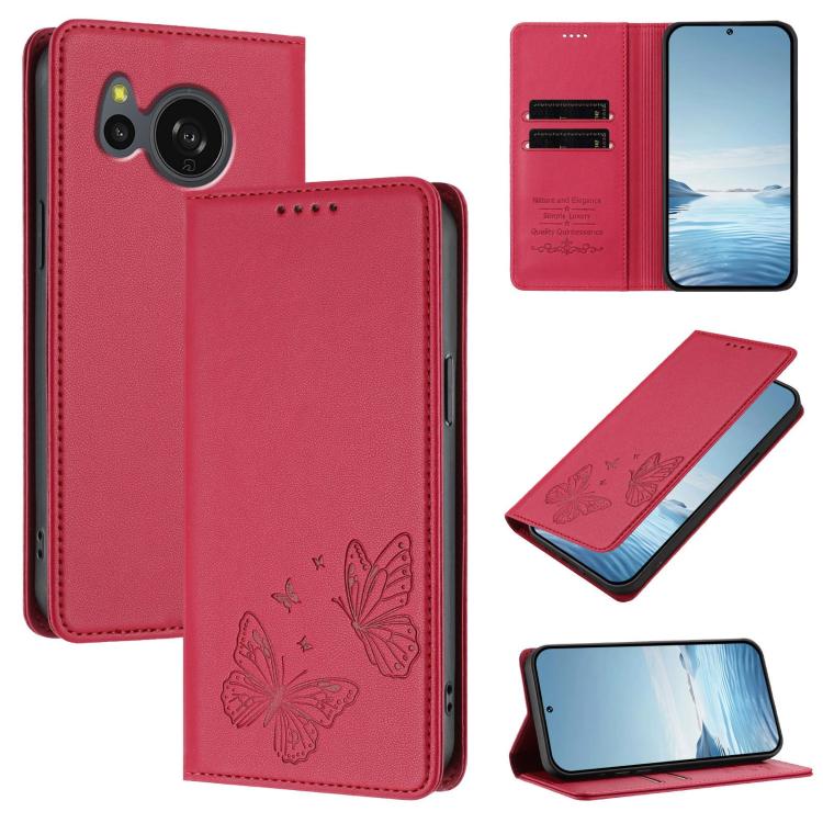 For Sharp Aquos sense8 SHG11 / SH-54D Strong Magnetic Dual Butterfly RFID Vegan Leather Phone Case(Red)