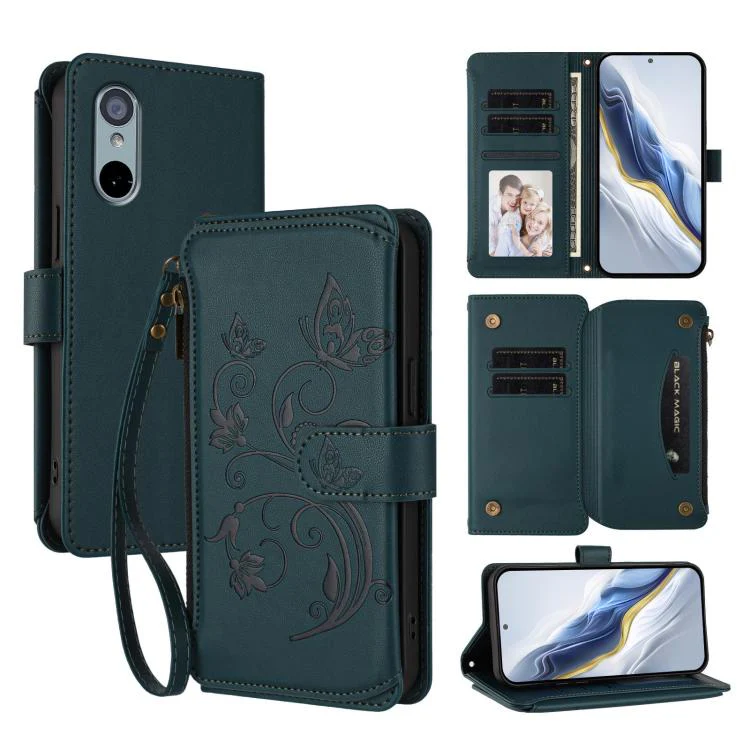 For Sharp Aquos wish3 Butterfly Love Flower Multi-card Zipper Wallet Leather Phone Case(Dark Green)