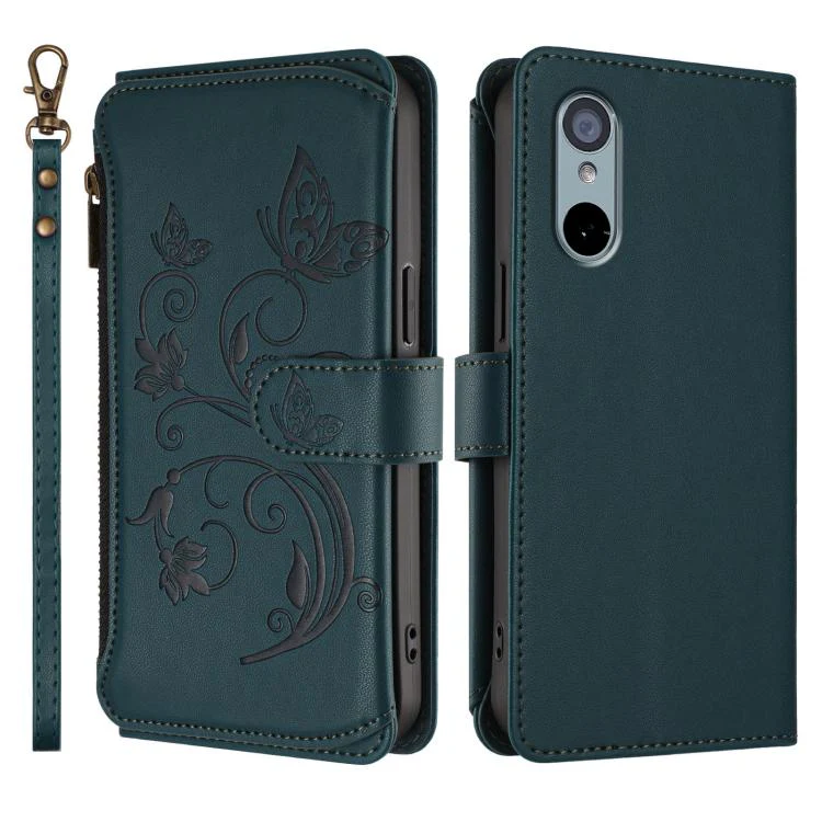 For Sharp Aquos wish3 Butterfly Love Flower Multi-card Zipper Wallet Leather Phone Case(Dark Green) - Image 2