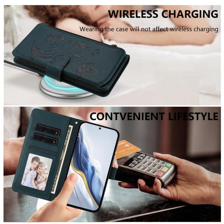 For Sharp Aquos wish3 Butterfly Love Flower Multi-card Zipper Wallet Leather Phone Case(Dark Green) - Image 7