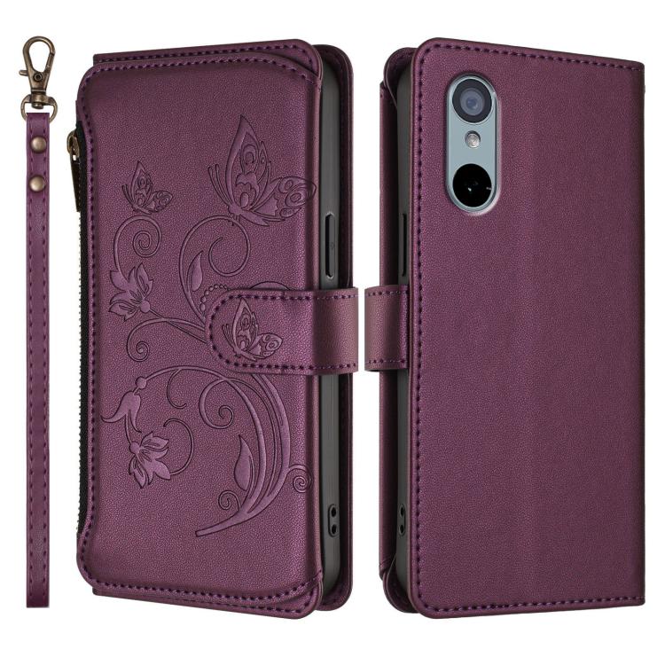 For Sharp Aquos wish3 Butterfly Love Flower Multi-card Zipper Wallet Leather Phone Case(Dark Purple) - Image 2