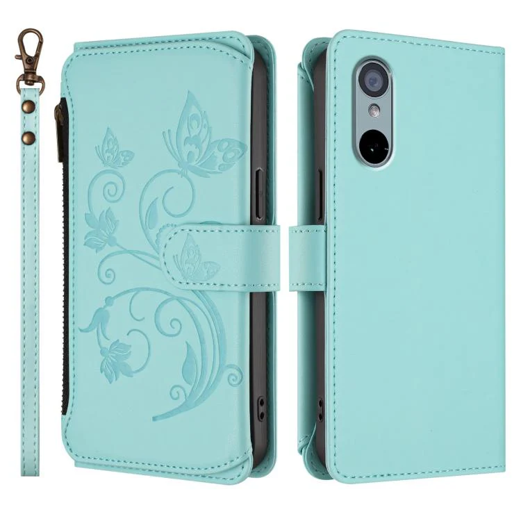 For Sharp Aquos wish3 Butterfly Love Flower Multi-card Zipper Wallet Leather Phone Case(Mint Green) - Image 2