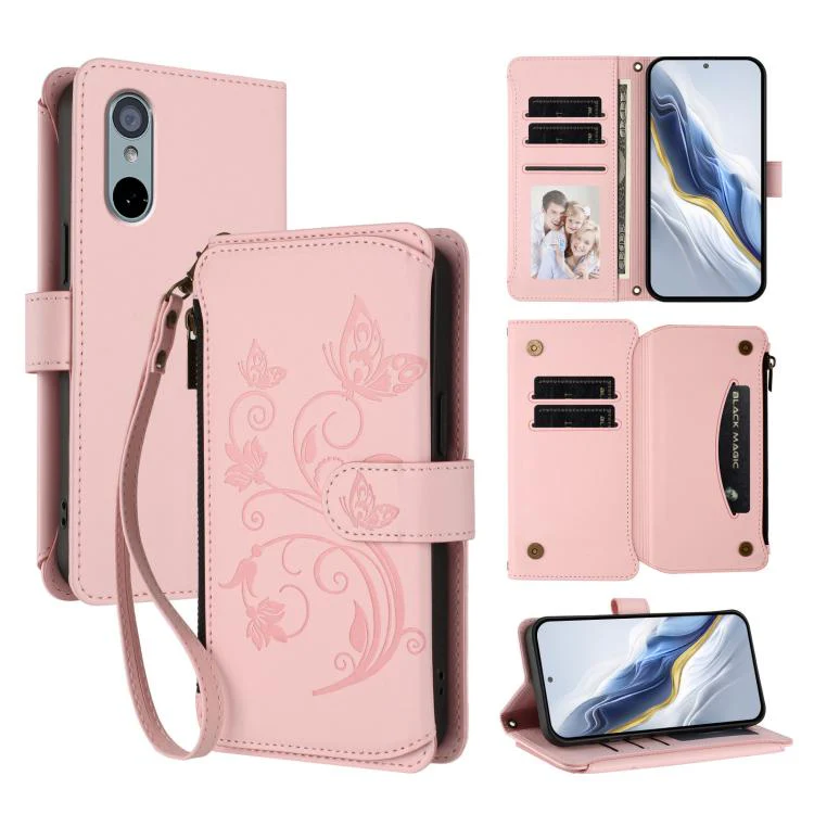 For Sharp Aquos wish3 Butterfly Love Flower Multi-card Zipper Wallet Leather Phone Case(Pink)