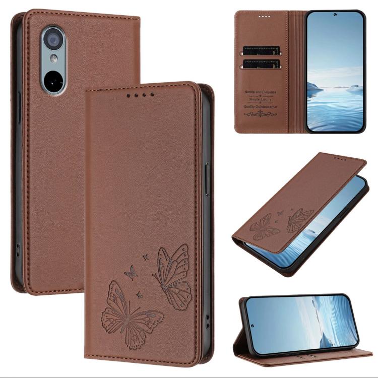 For Sharp Aquos wish3 Strong Magnetic Dual Butterfly RFID Vegan Leather Phone Case(Brown)