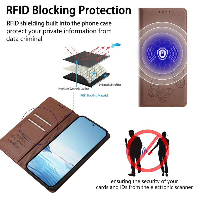 For Sharp Aquos wish3 Strong Magnetic Dual Butterfly RFID Vegan Leather Phone Case(Brown) - Image 4