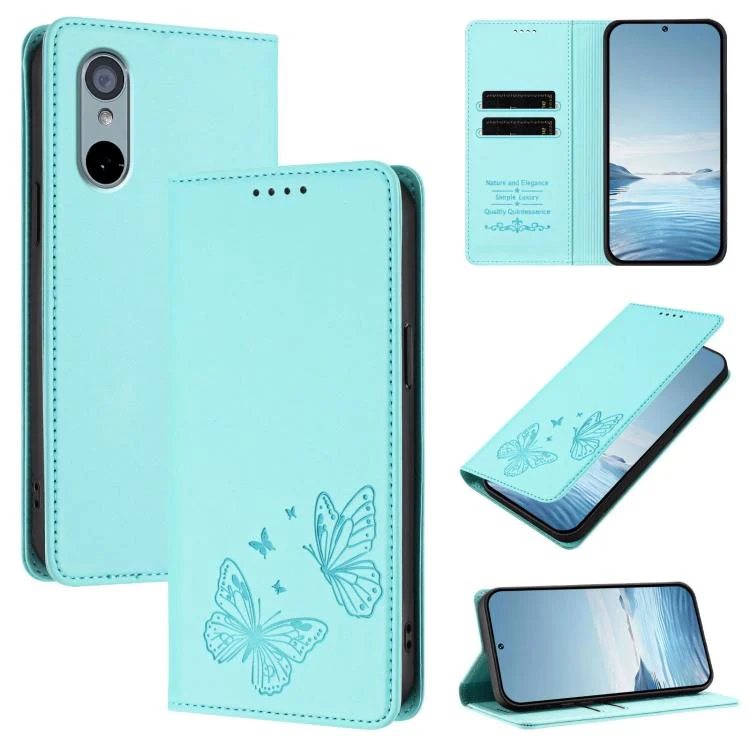 For Sharp Aquos wish3 Strong Magnetic Dual Butterfly RFID Vegan Leather Phone Case(Mint Green)