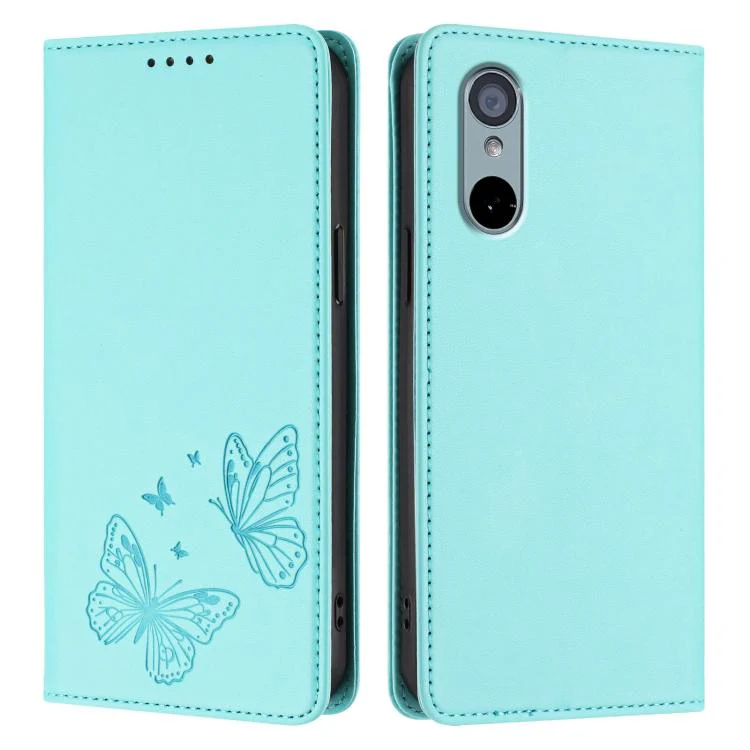 For Sharp Aquos wish3 Strong Magnetic Dual Butterfly RFID Vegan Leather Phone Case(Mint Green) - Image 2