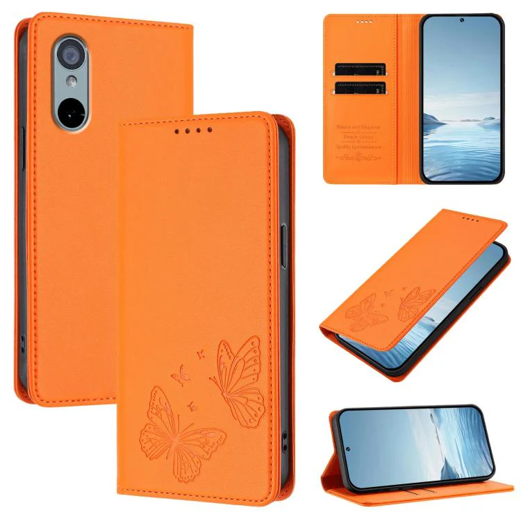 For Sharp Aquos wish3 Strong Magnetic Dual Butterfly RFID Vegan Leather Phone Case(Orange)