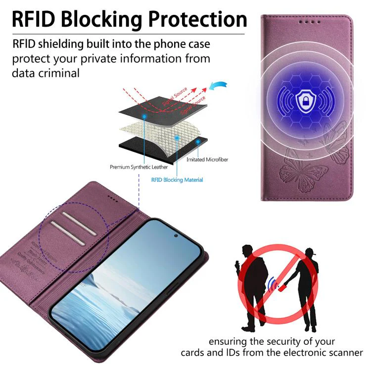 For Sharp Aquos wish3 Strong Magnetic Dual Butterfly RFID Vegan Leather Phone Case(Violet Purple) - Image 4