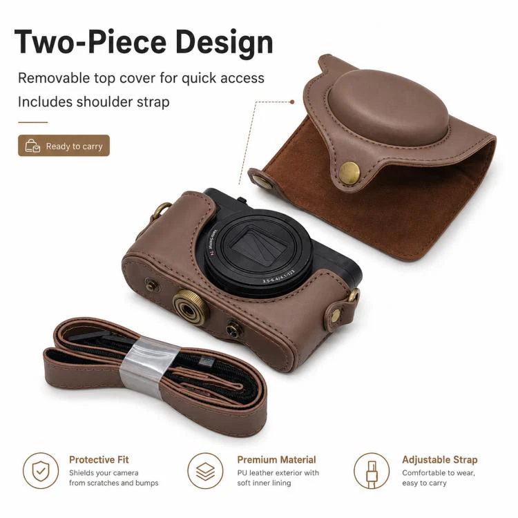 For Sony DSC-WX500 Full Body Retro Vegan Leather Camera Case Bag with Strap(Black) - Image 9