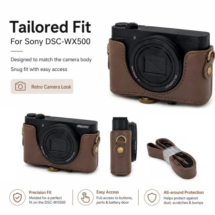 For Sony DSC-WX500 Full Body Retro Vegan Leather Camera Case Bag with Strap(Brown) - Image 4