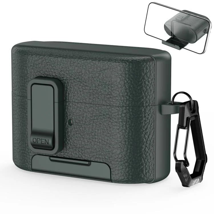 For Sony WF-1000XM6 Leather Texture Wireless Earphones Case with Hook & Holder(Army Green)