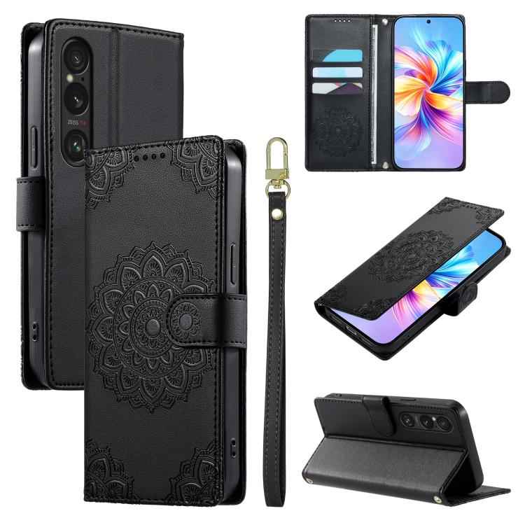 For Sony Xperia 1 Ⅵ Totem Embossed Magnetic Closure Vegan Leather Phone Case with Strap(Black)