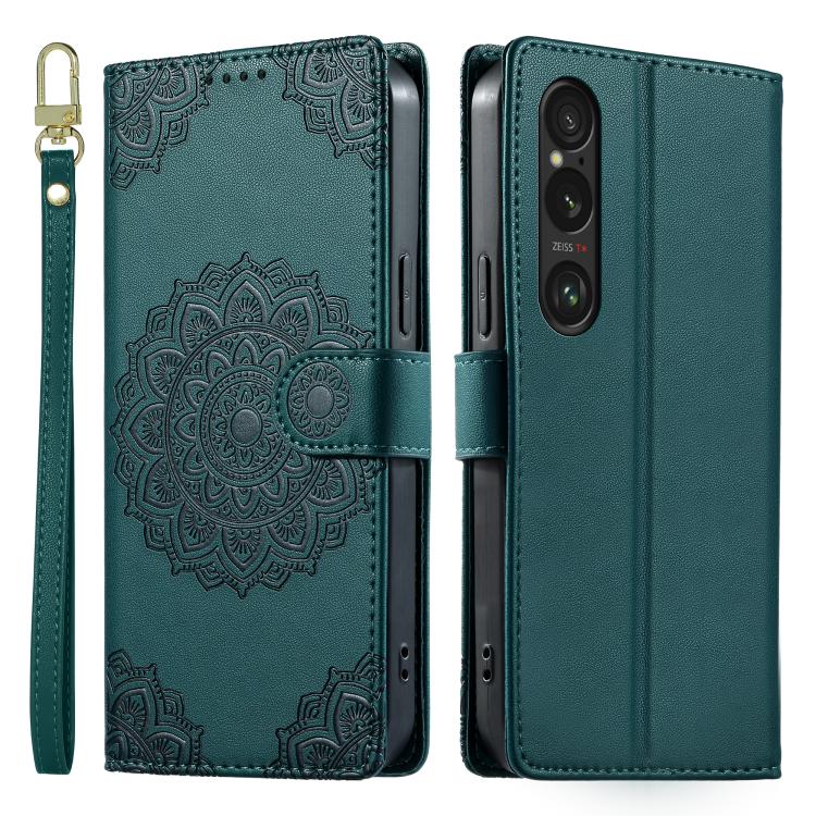 For Sony Xperia 1 ā
„ Totem Embossed Magnetic Closure Vegan Leather Phone Case with Strap(Deep Green) - Image 2
