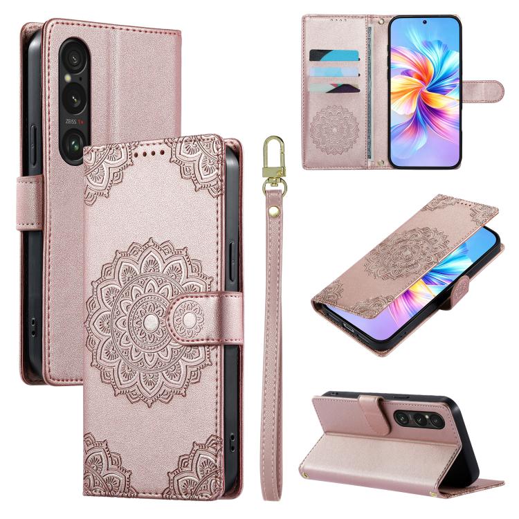 For Sony Xperia 1 Ⅶ Totem Embossed Magnetic Closure Vegan Leather Phone Case with Strap(Pink)