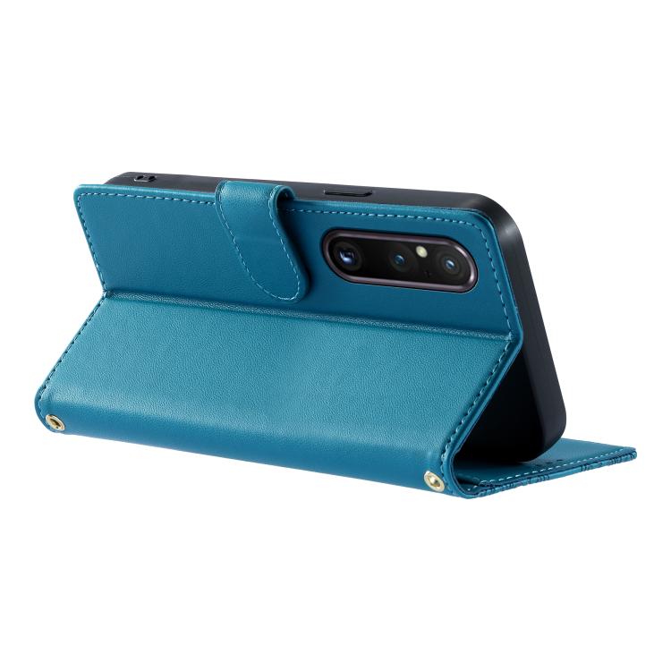 For Sony Xperia 1 V Totem Embossed Magnetic Closure Vegan Leather Phone Case with Strap(Blue) - Image 5