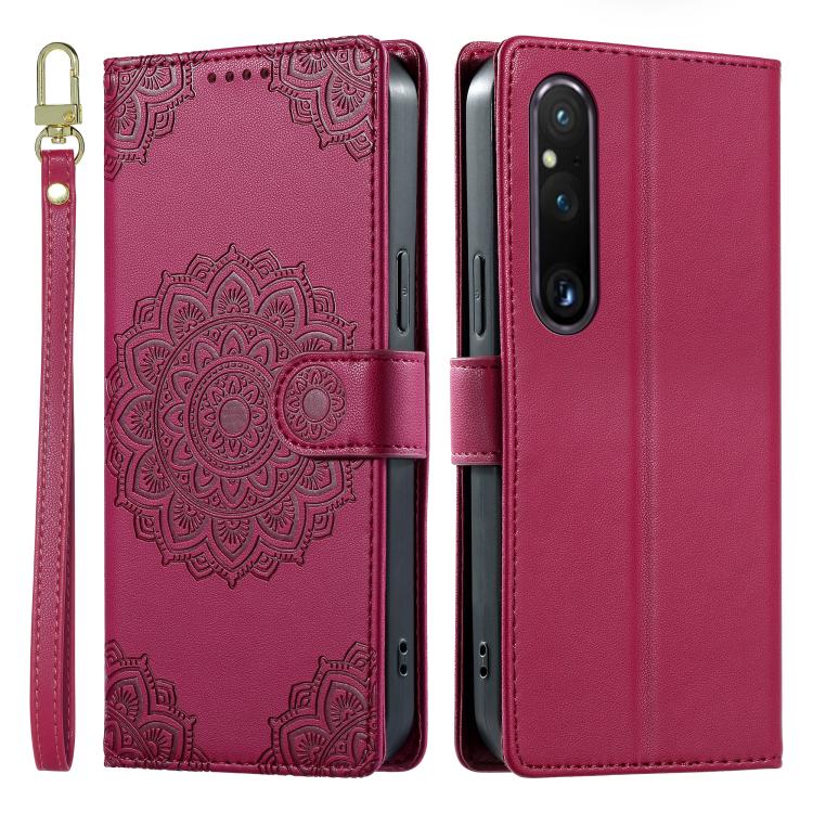 For Sony Xperia 1 V Totem Embossed Magnetic Closure Vegan Leather Phone Case with Strap(Rose Red) - Image 2