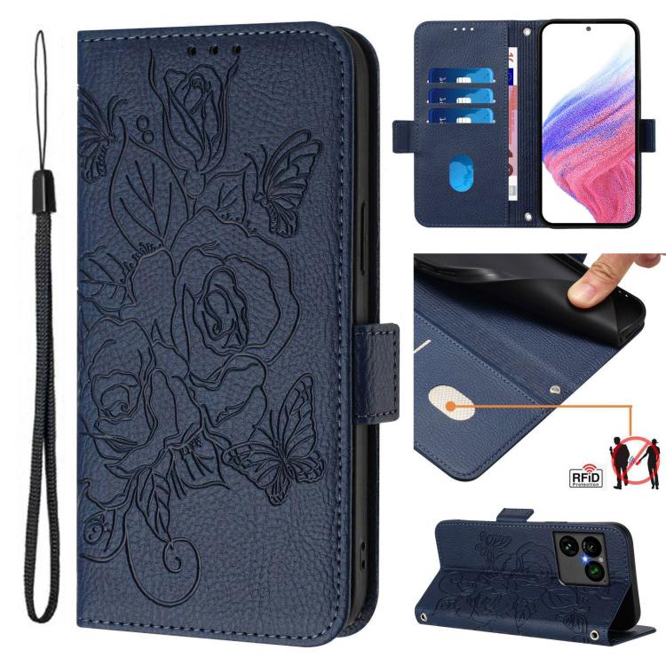 For Sony Xperia 1 VIII Embossed Rose RFID Anti-theft Leather Phone Case(Dark Blue)