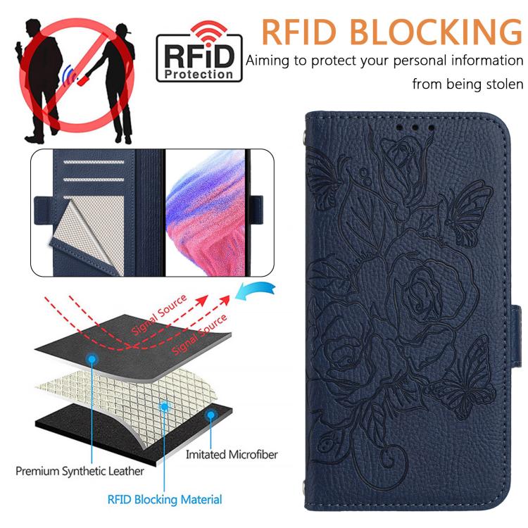 For Sony Xperia 1 VIII Embossed Rose RFID Anti-theft Leather Phone Case(Dark Blue) - Image 5