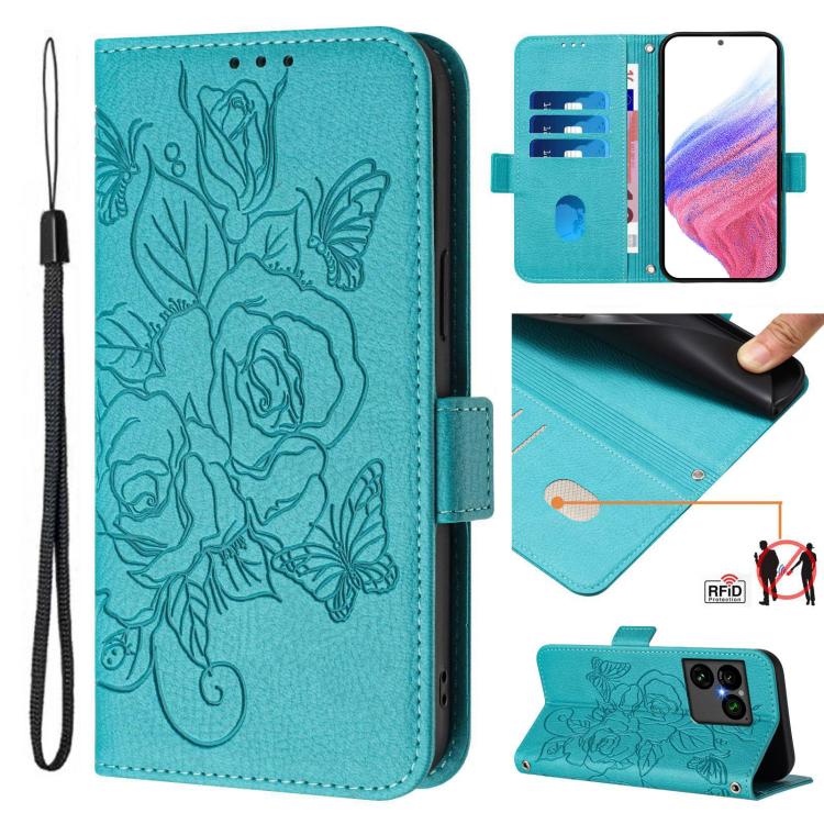 For Sony Xperia 1 VIII Embossed Rose RFID Anti-theft Leather Phone Case(Light Blue)