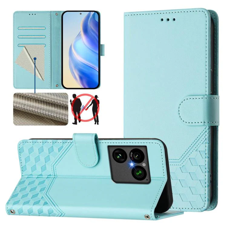 For Sony Xperia 1 VIII Honeycomb Embossing RFID Leather Phone Case(Mint Green)