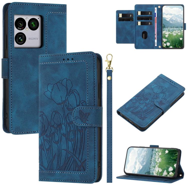 For Sony Xperia 1 VIII Tulips Embossed Leather Phone Case with Lanyard(Blue)