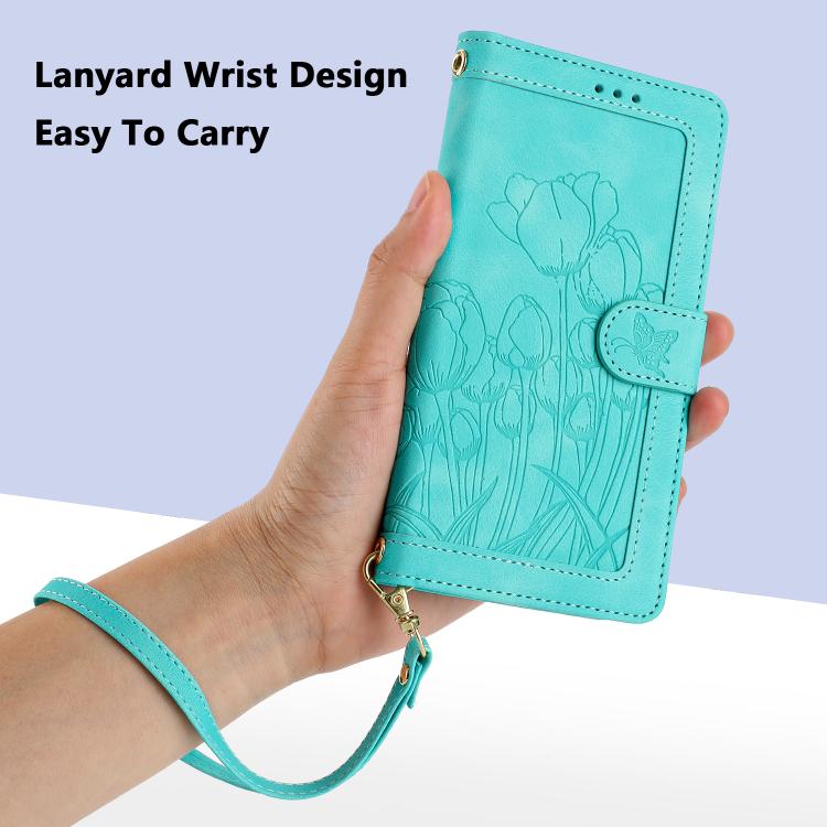 For Sony Xperia 1 VIII Tulips Embossed Leather Phone Case with Lanyard(Green) - Image 7