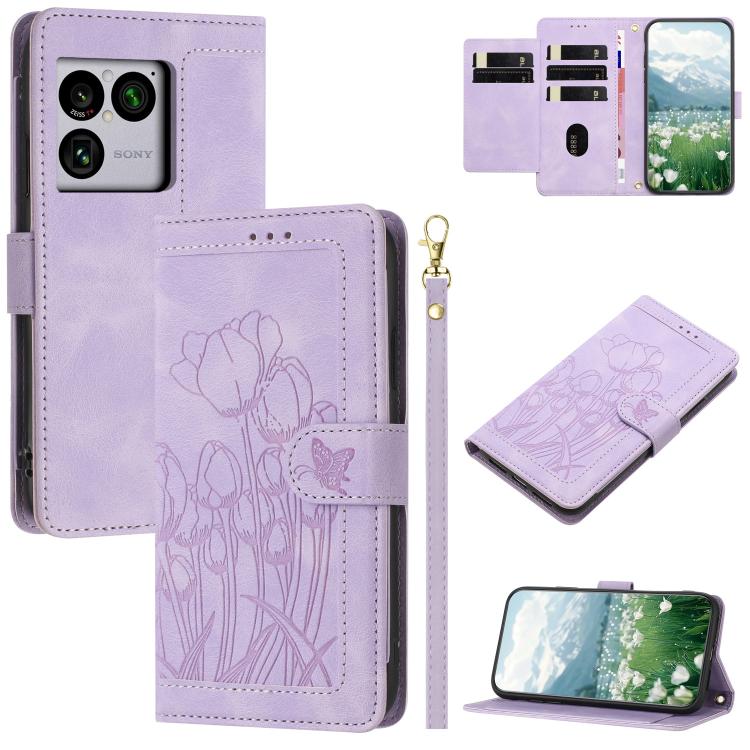 For Sony Xperia 1 VIII Tulips Embossed Leather Phone Case with Lanyard(Purple)