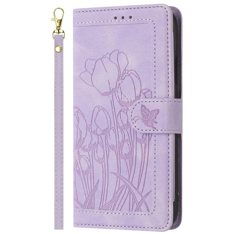 For Sony Xperia 1 VIII Tulips Embossed Leather Phone Case with Lanyard(Purple) - Image 2