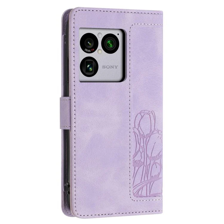 For Sony Xperia 1 VIII Tulips Embossed Leather Phone Case with Lanyard(Purple) - Image 3