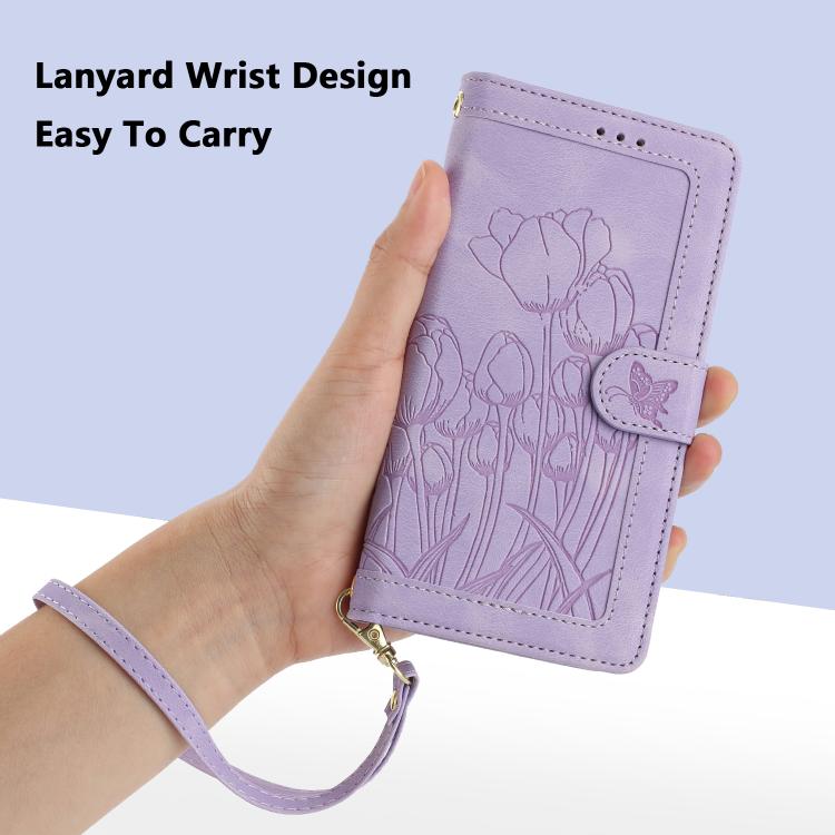 For Sony Xperia 1 VIII Tulips Embossed Leather Phone Case with Lanyard(Purple) - Image 7