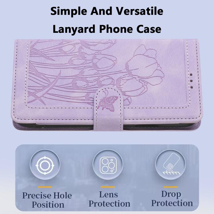 For Sony Xperia 1 VIII Tulips Embossed Leather Phone Case with Lanyard(Purple) - Image 8