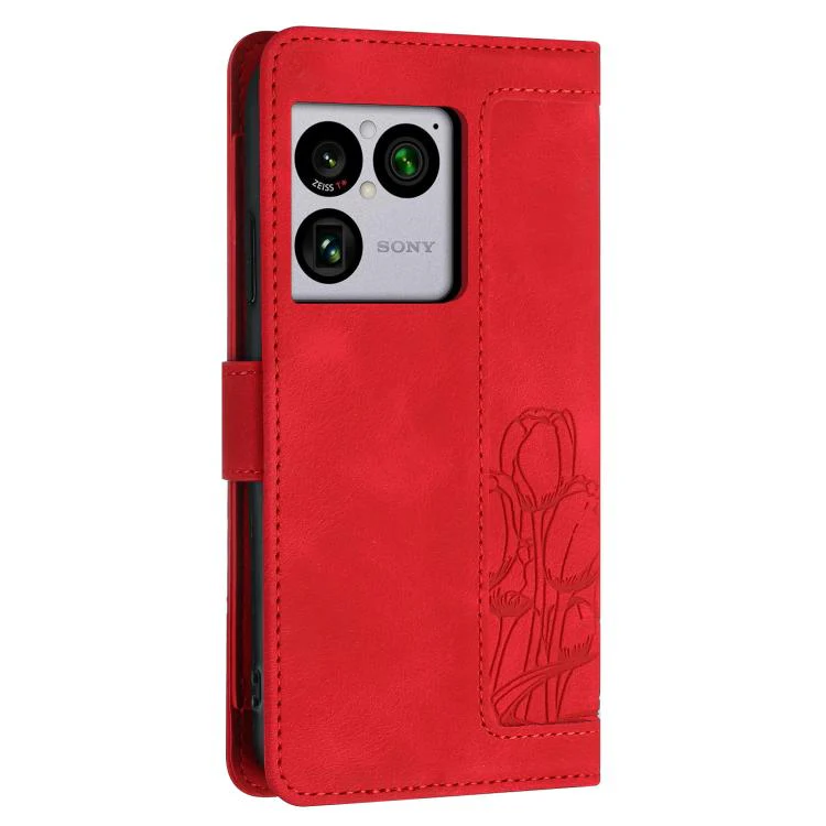 For Sony Xperia 1 VIII Tulips Embossed Leather Phone Case with Lanyard(Red) - Image 3