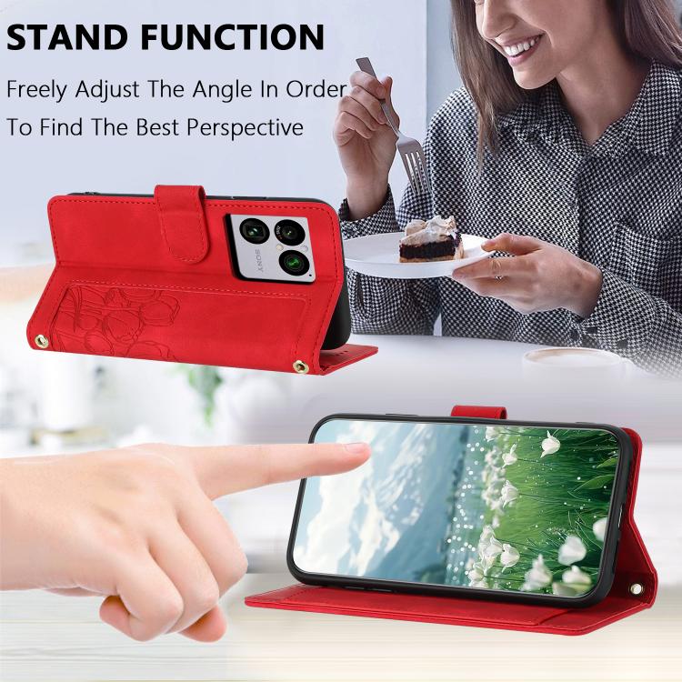 For Sony Xperia 1 VIII Tulips Embossed Leather Phone Case with Lanyard(Red) - Image 5
