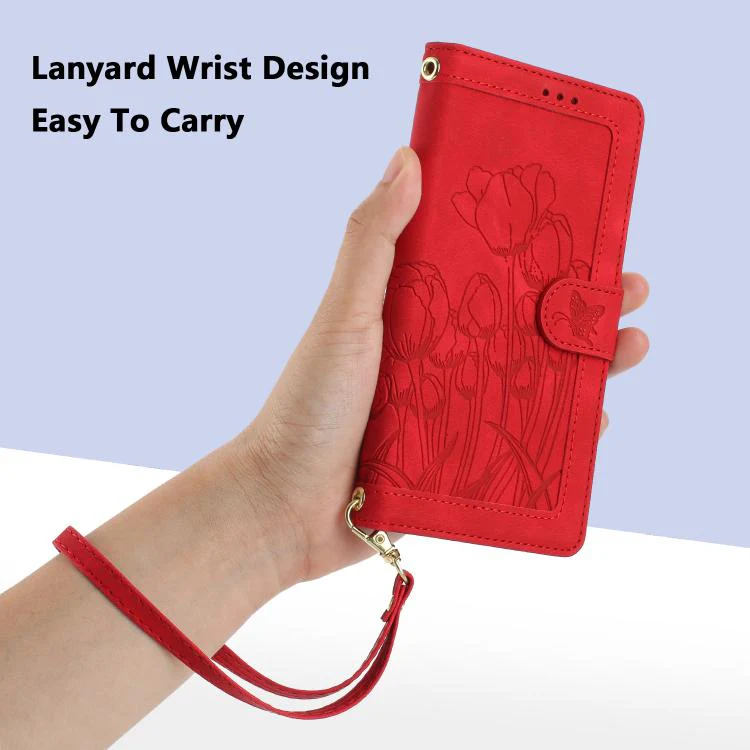 For Sony Xperia 1 VIII Tulips Embossed Leather Phone Case with Lanyard(Red) - Image 7